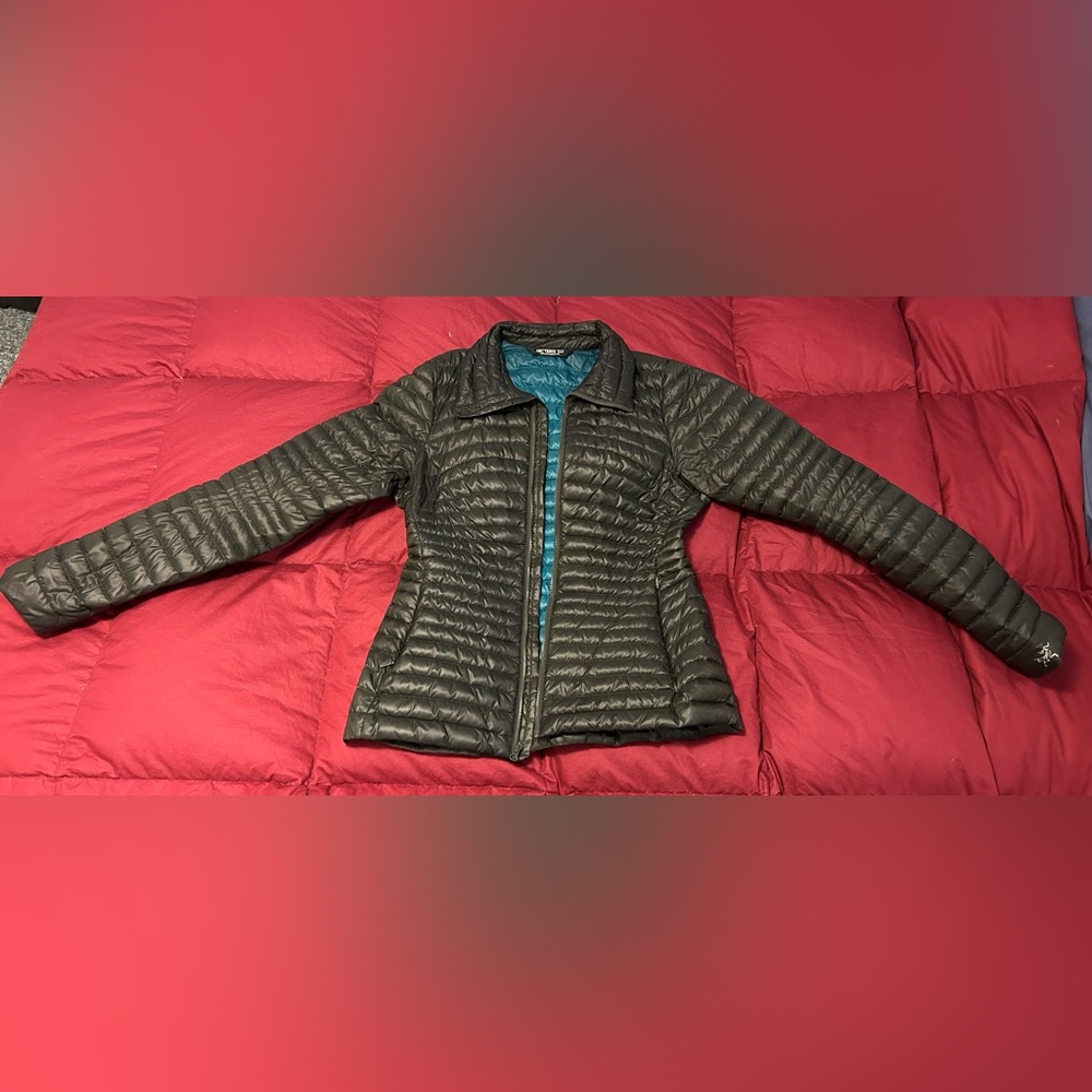 Dark Green and Teal quilted down filled Arc’teryx Jacket
